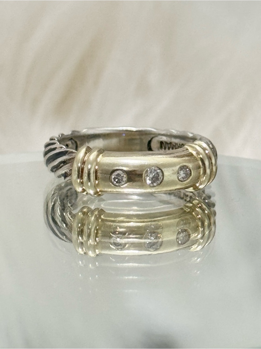 David Yurman .925 14K Gold Three Diamond Slim Metro Cable Ring Size 6